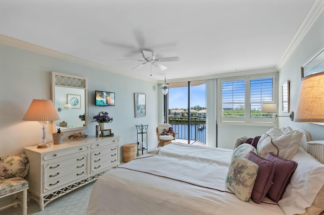 bedroom with access to outside, ceiling fan, and crown molding