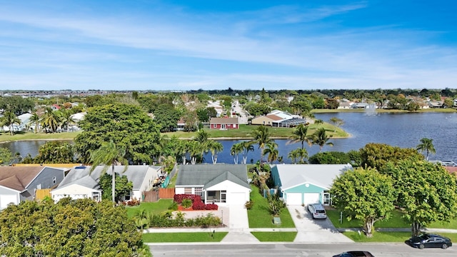 bird's eye view with a water view