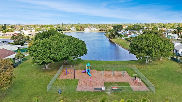 drone / aerial view featuring a water view