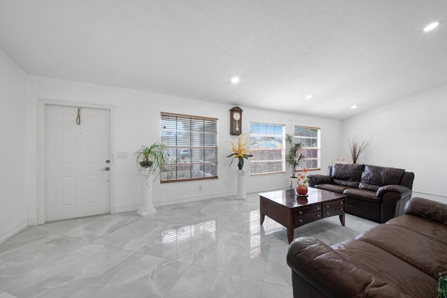 living room with a textured ceiling