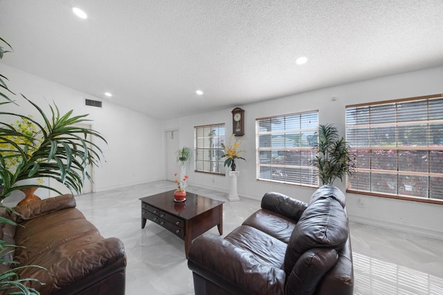 living room with a textured ceiling