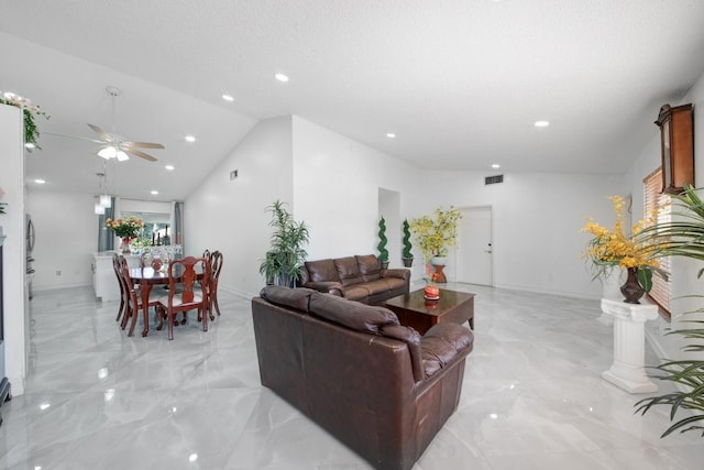 living room with vaulted ceiling and ceiling fan