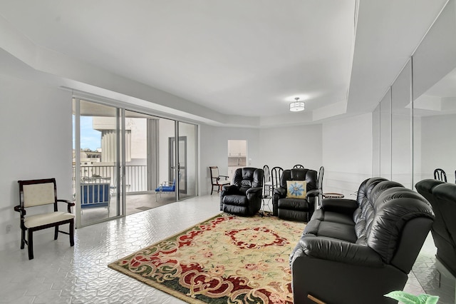 living room featuring a tray ceiling