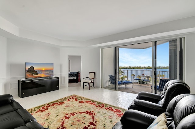 living room with a water view