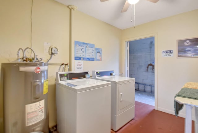 laundry room with washer and dryer, ceiling fan, and water heater