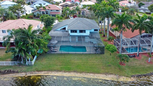 bird's eye view with a water view