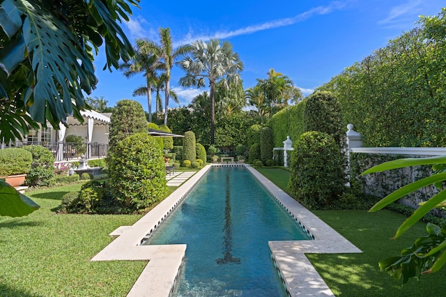 view of pool with a yard