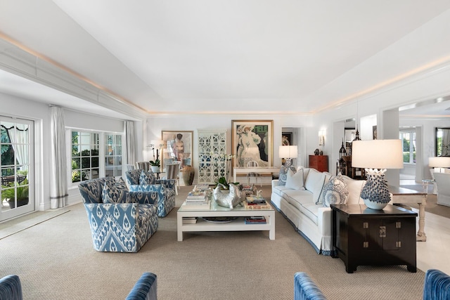 living room featuring light colored carpet