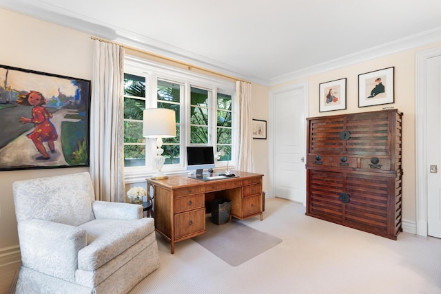 carpeted office featuring crown molding