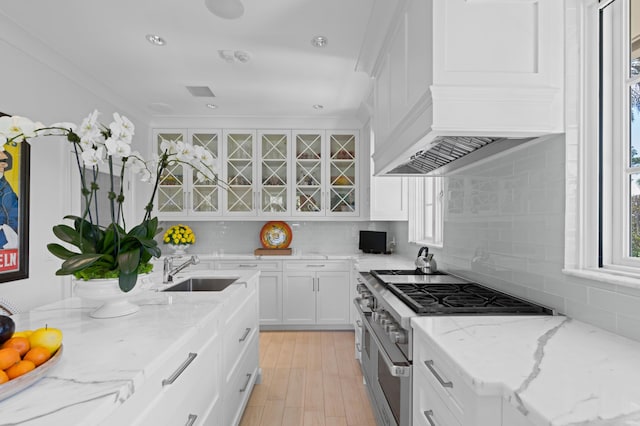 kitchen featuring sink, stainless steel stove, light stone countertops, tasteful backsplash, and white cabinetry