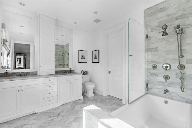 full bathroom featuring vanity, separate shower and tub, toilet, and ornamental molding