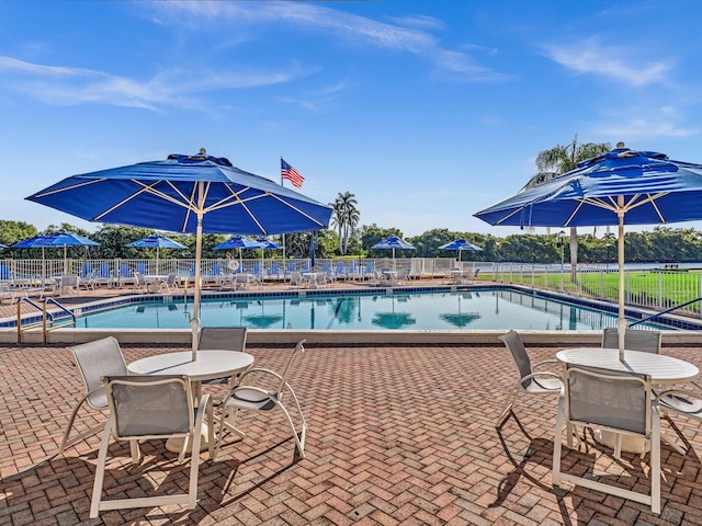 view of swimming pool featuring a patio area