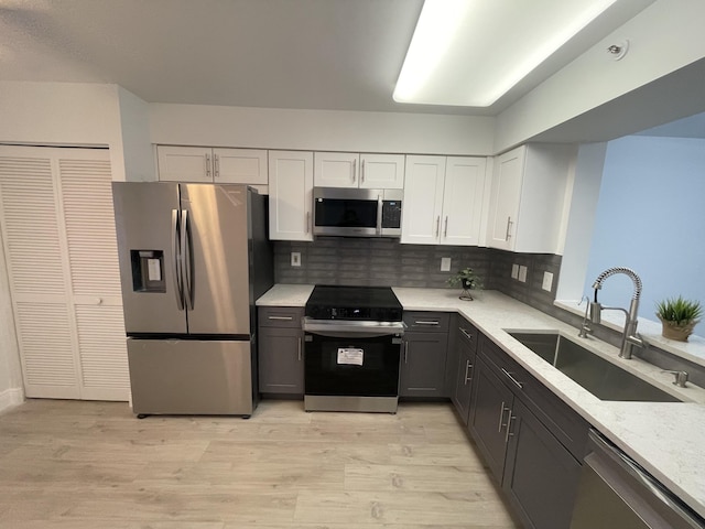 kitchen with appliances with stainless steel finishes, tasteful backsplash, sink, light hardwood / wood-style flooring, and white cabinets