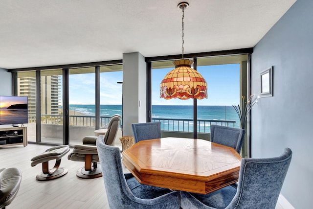 dining room with a water view, a wealth of natural light, a textured ceiling, and hardwood / wood-style floors