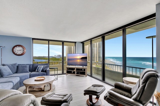 living room featuring expansive windows and hardwood / wood-style flooring