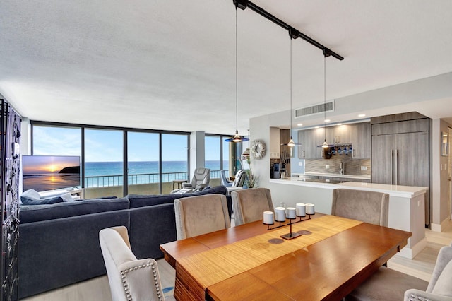 dining room featuring a textured ceiling and track lighting