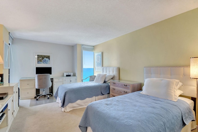 bedroom featuring light colored carpet and a textured ceiling