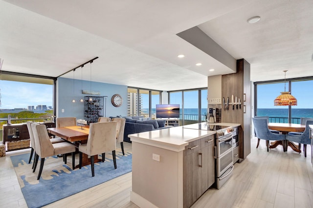 kitchen with hanging light fixtures, a healthy amount of sunlight, light wood-type flooring, and range with two ovens