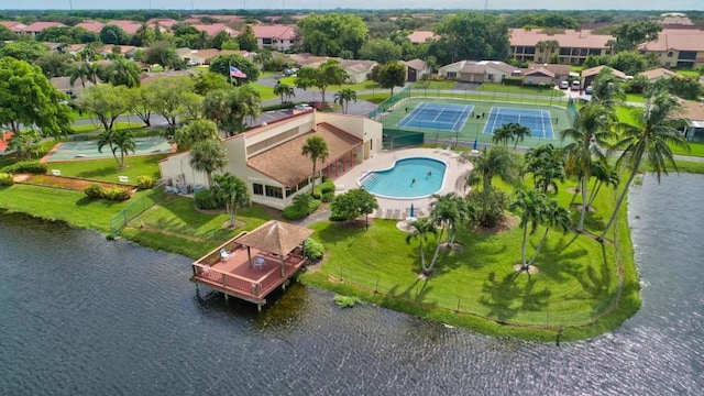 bird's eye view with a water view