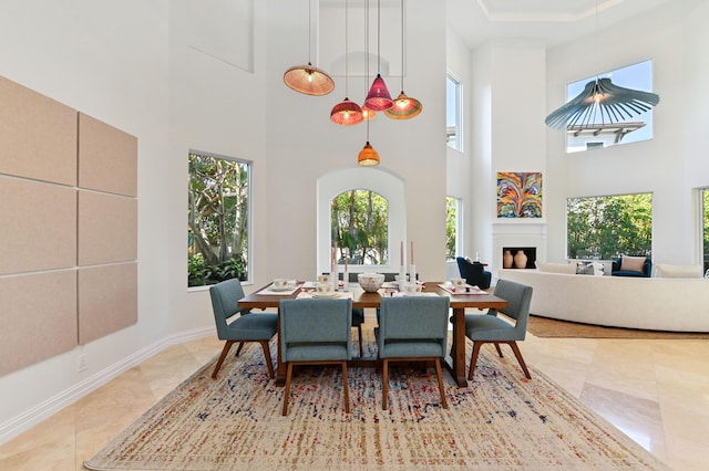 dining area featuring a towering ceiling