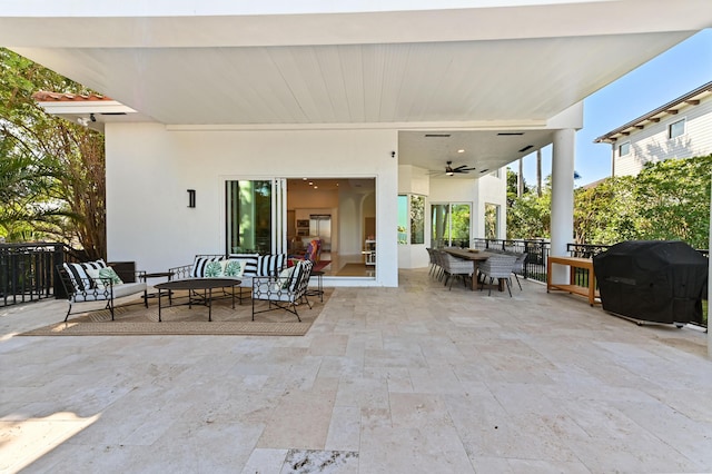 view of patio / terrace featuring outdoor lounge area, ceiling fan, and area for grilling