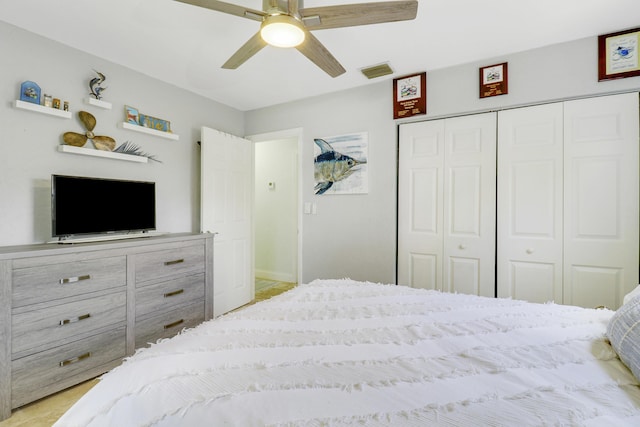 bedroom featuring ceiling fan and a closet