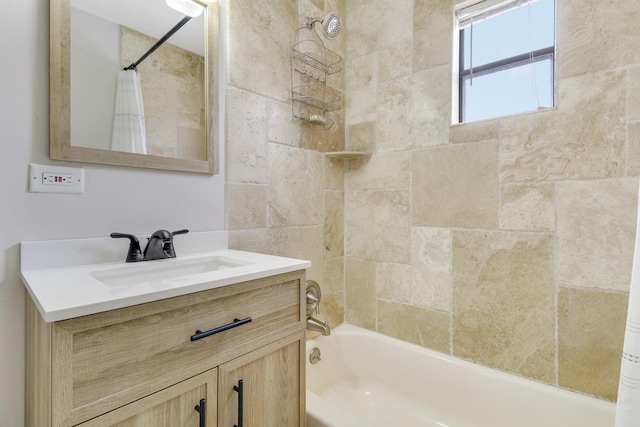 bathroom with vanity and shower / bathtub combination with curtain