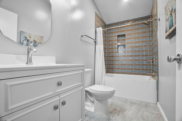 full bathroom with toilet, vanity, and shower / bath combination with curtain