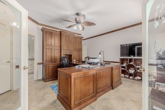 home office featuring ceiling fan and ornamental molding