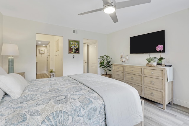 bedroom featuring light hardwood / wood-style flooring and ceiling fan