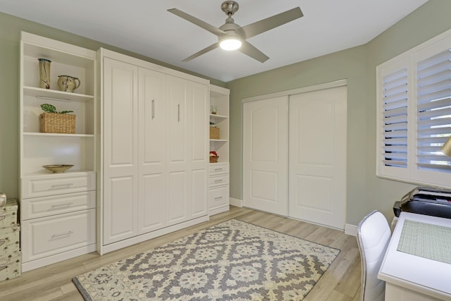 office featuring light hardwood / wood-style floors and ceiling fan