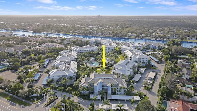 drone / aerial view with a water view