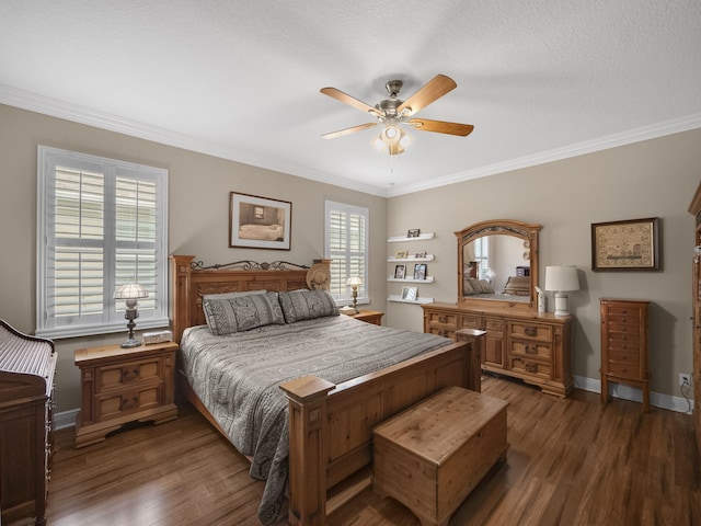 bedroom featuring a textured ceiling, ceiling fan, ornamental molding, and dark hardwood / wood-style floors