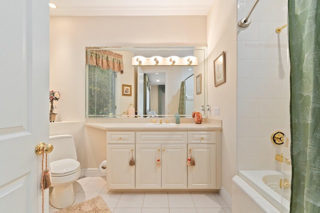 full bathroom with toilet, shower / bath combo, vanity, and tile patterned floors