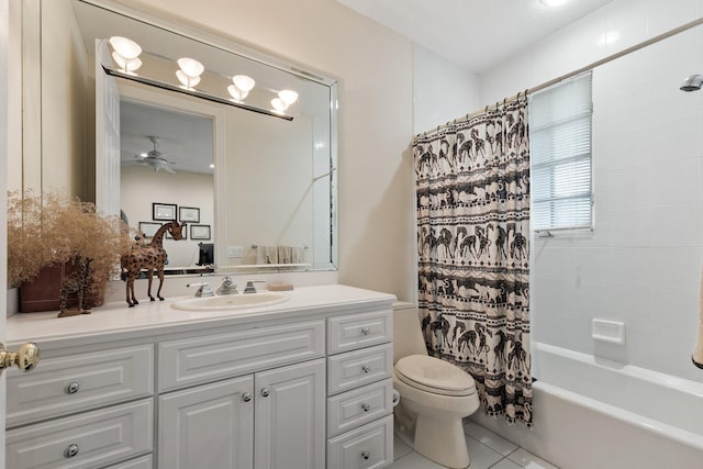 full bathroom with ceiling fan, tile patterned floors, toilet, shower / bath combo with shower curtain, and vanity