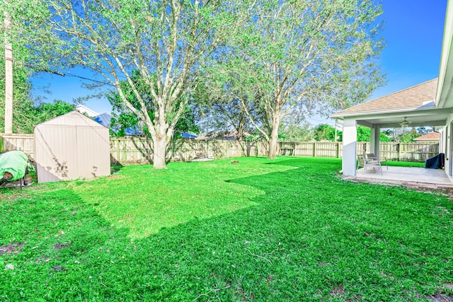 view of yard featuring ceiling fan and a patio