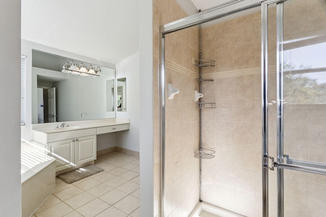 bathroom with tile patterned floors, vanity, and a shower with shower door