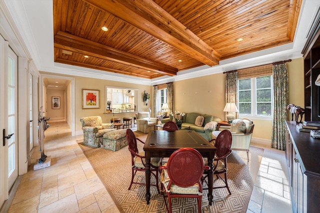 dining space with beam ceiling and wood ceiling