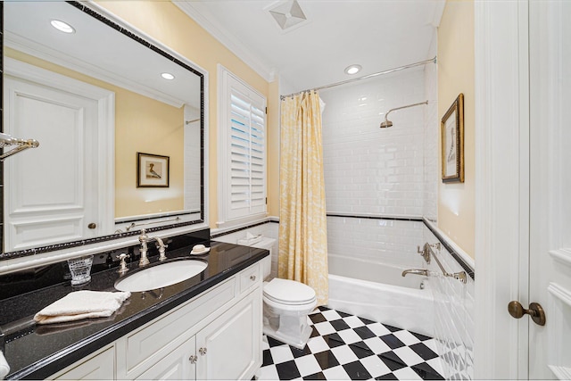 full bathroom featuring crown molding, shower / bath combo with shower curtain, vanity, and toilet