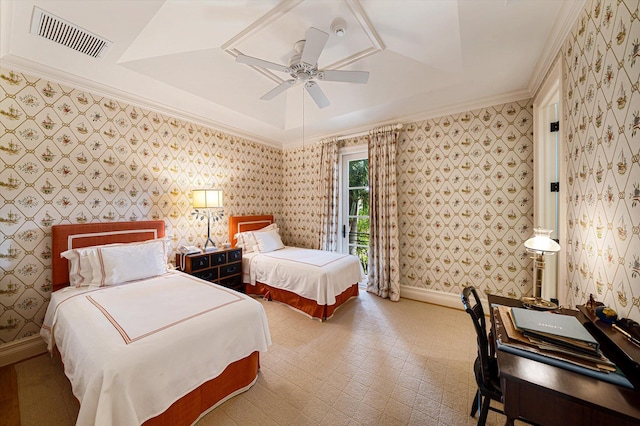 bedroom featuring ceiling fan, a raised ceiling, ornamental molding, and access to outside