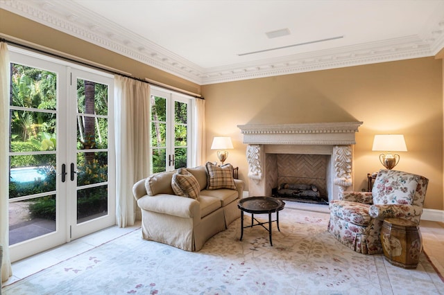 living room with crown molding and french doors