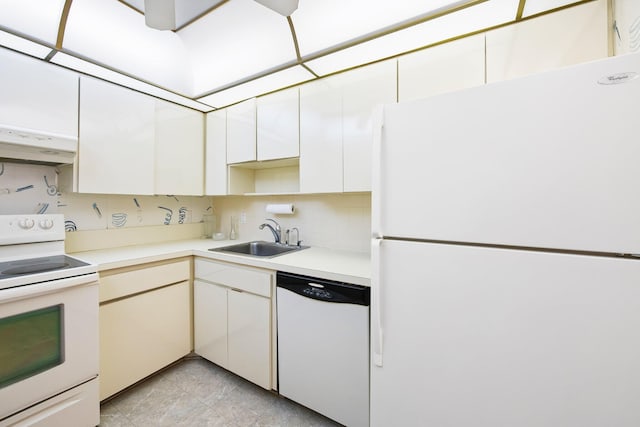 kitchen featuring sink, extractor fan, white appliances, decorative backsplash, and white cabinets