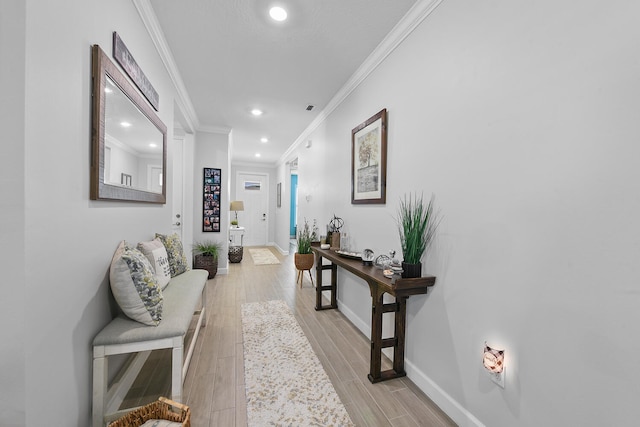 hallway featuring ornamental molding