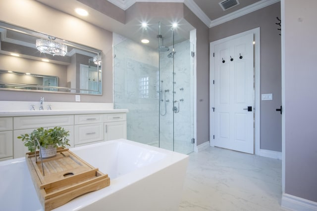 bathroom featuring crown molding, a notable chandelier, separate shower and tub, and vanity