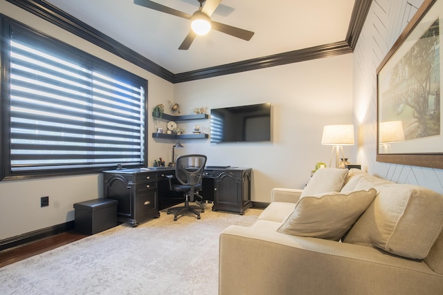 office space with ceiling fan, crown molding, and hardwood / wood-style floors