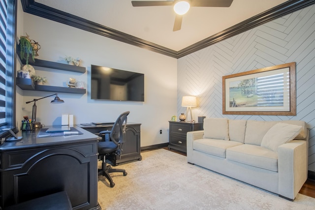 office area featuring ceiling fan and ornamental molding