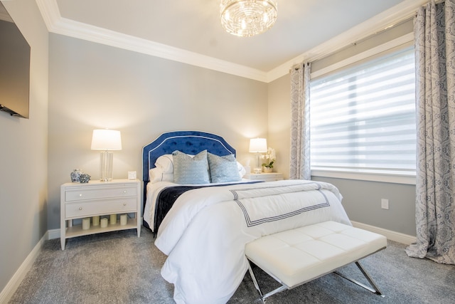 carpeted bedroom featuring ornamental molding