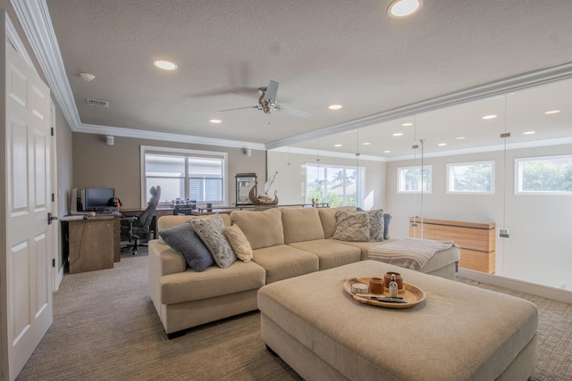 carpeted living room featuring ornamental molding, ceiling fan, and a textured ceiling