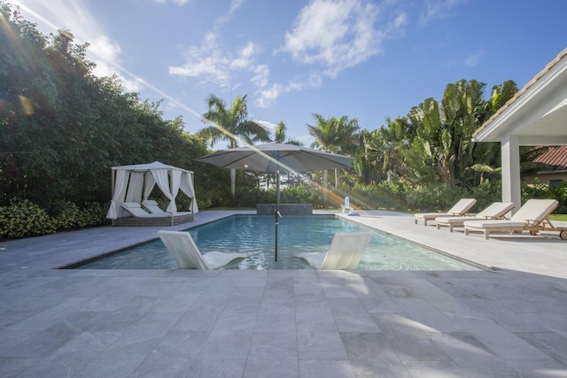 view of swimming pool with pool water feature and a patio area