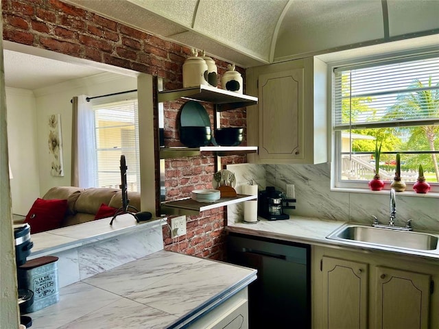 kitchen with dishwasher, decorative backsplash, a healthy amount of sunlight, and sink